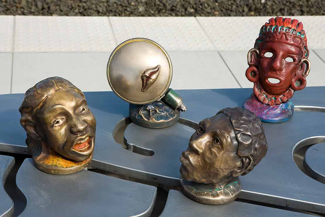 The Wilsonville Interactivator detail - one mask is a mirror with lips