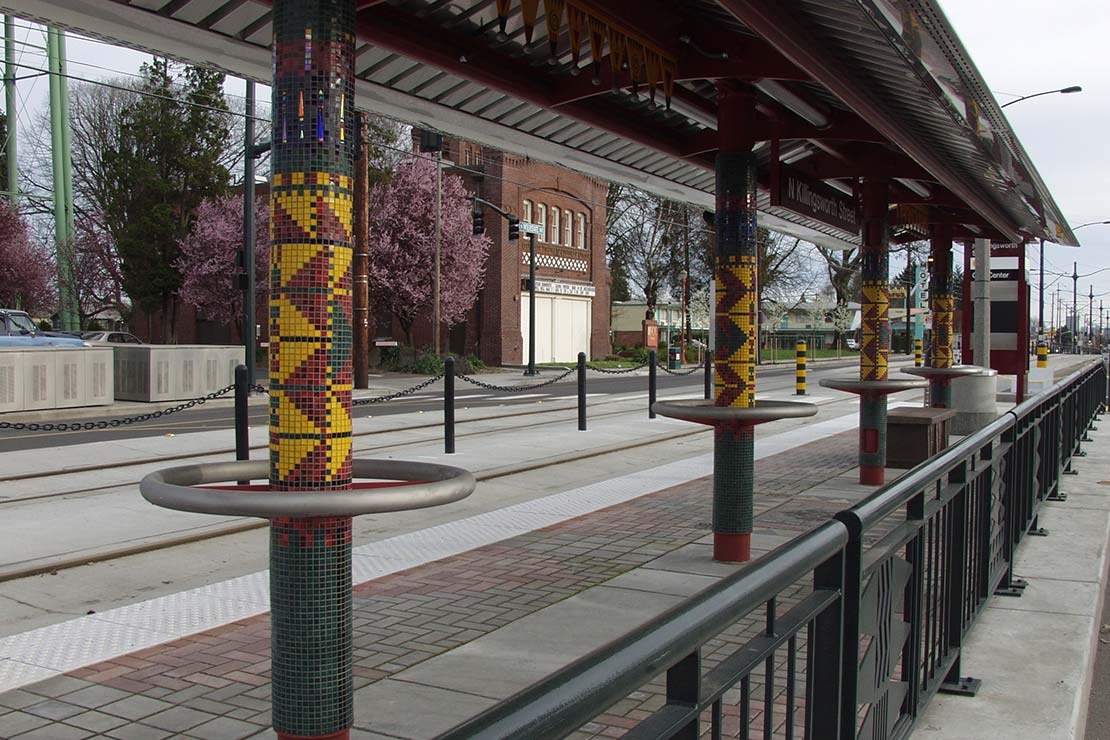 Cultural Polyrhythms - tile mosiac on the supports of the MAX shelter